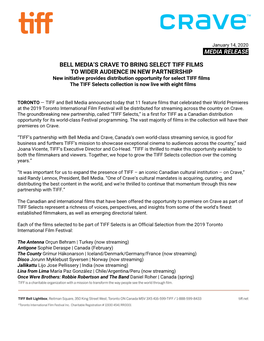 Media Release Bell Media's Crave to Bring Select Tiff