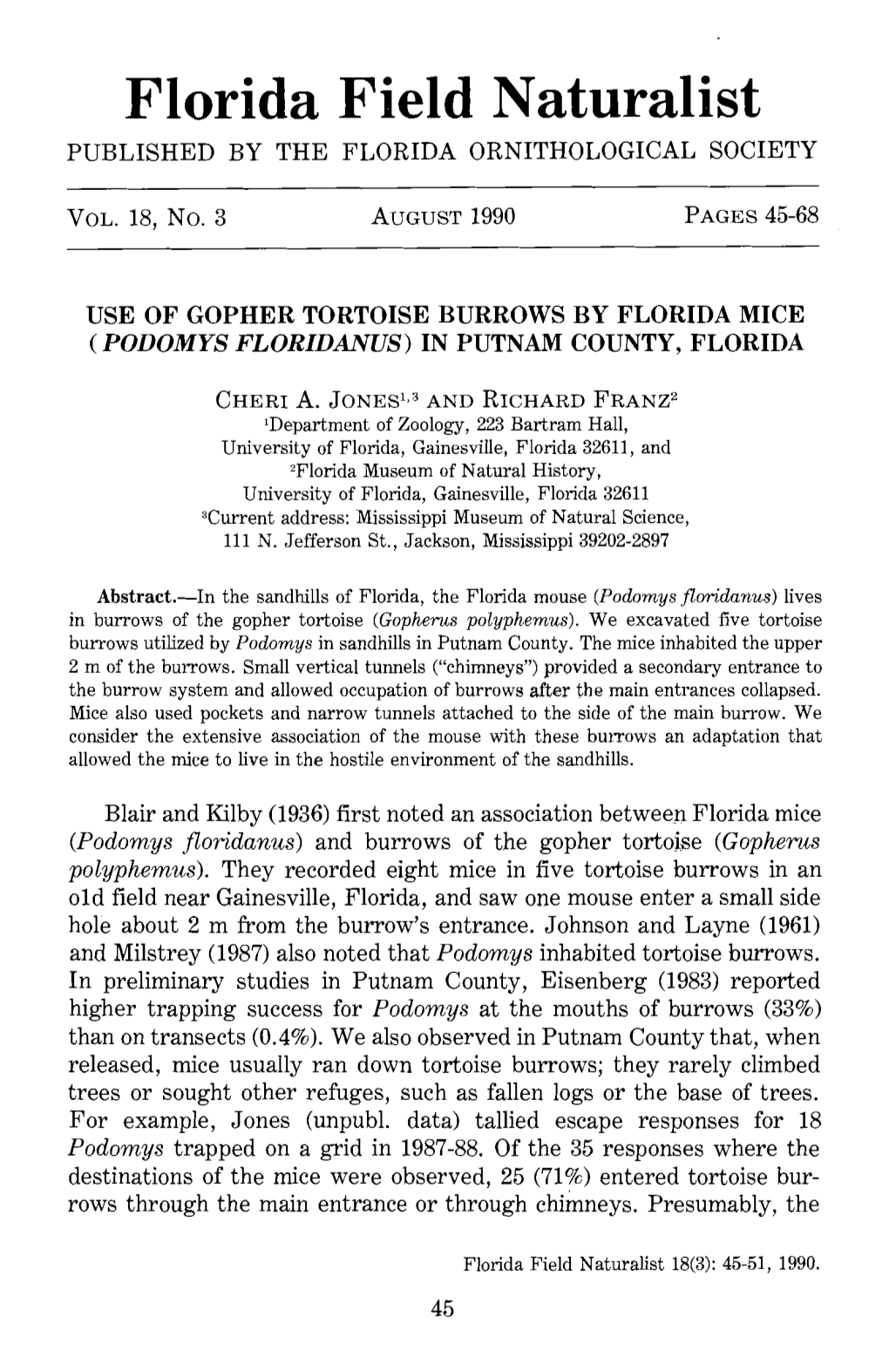 Florida Field Naturalist PUBLISHED by the FLORIDA ORNITHOLOGICAL SOCIETY