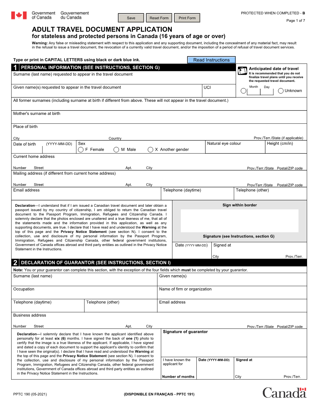 Adult Travel Document Application Form [PPTC 190]