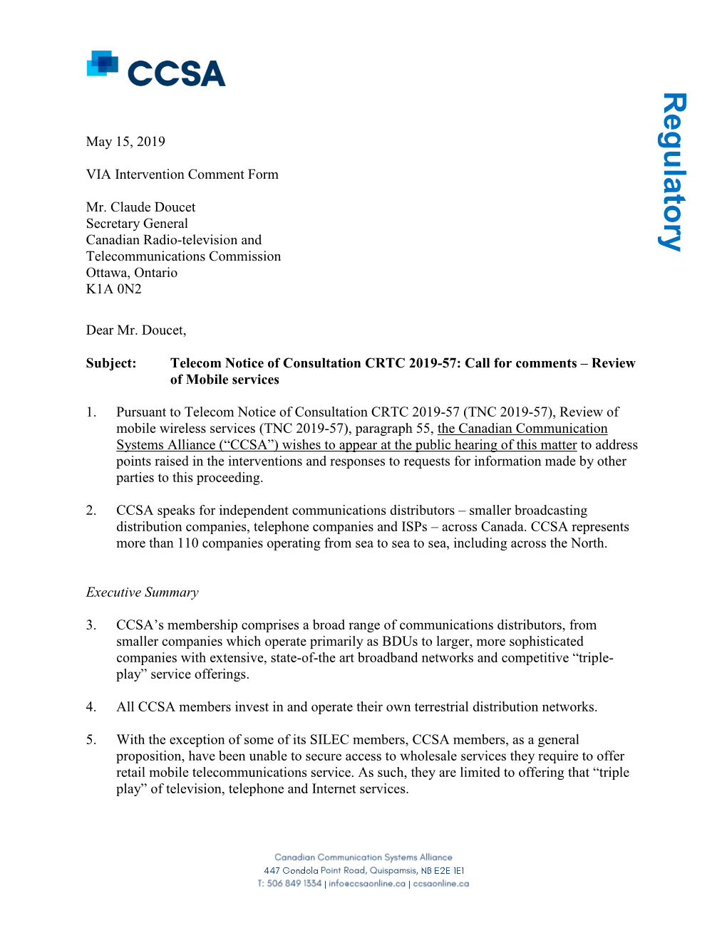 Telecom Notice of Consultation CRTC 2019-57: Call for Comments – Review of Mobile Services