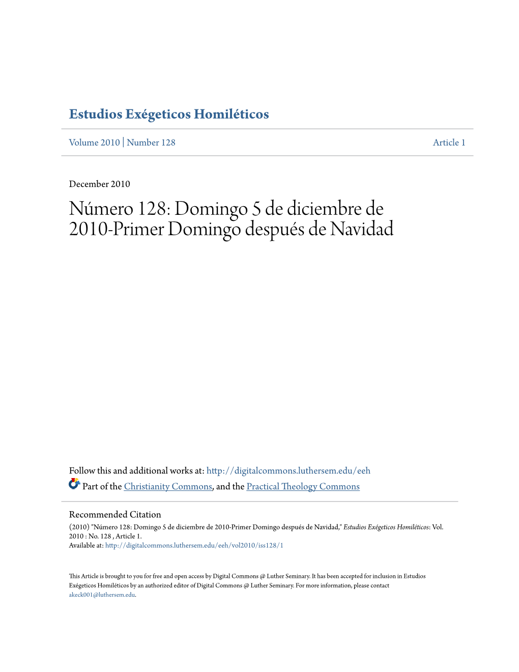 Número 128: Domingo 5 De Diciembre De 2010-Primer Domingo Después De Navidad