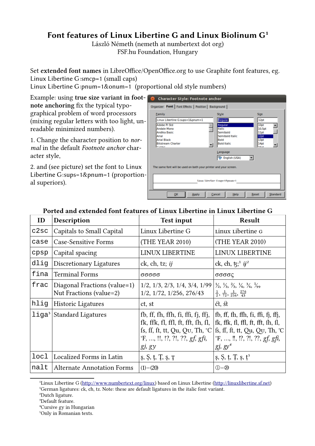 Font Features of Linux Libertine G and Linux Biolinum G¹ László Németh (Nemeth at Numbertext Dot Org) FSF.Hu Foundation, Hungary