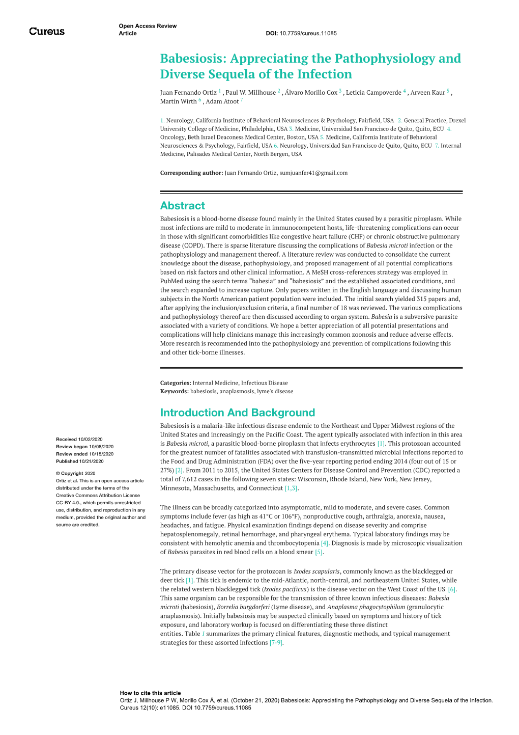 Babesiosis: Appreciating the Pathophysiology and Diverse Sequela of the Infection