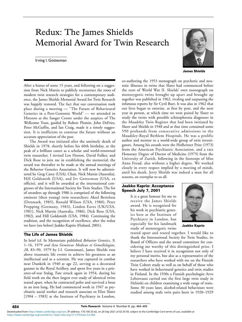 The James Shields Memorial Award for Twin Research