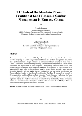The Role of the Manhyia Palace in Traditional Land Resource Conflict Management in Kumasi, Ghana