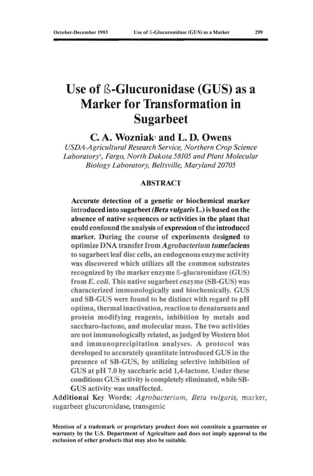 3,·Glucuronidase (GUS) As a Marker for Transformation in Sugarbeet