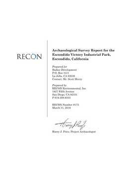 Archaeological Survey Report for the Escondido Victory Industrial Park, Escondido, California