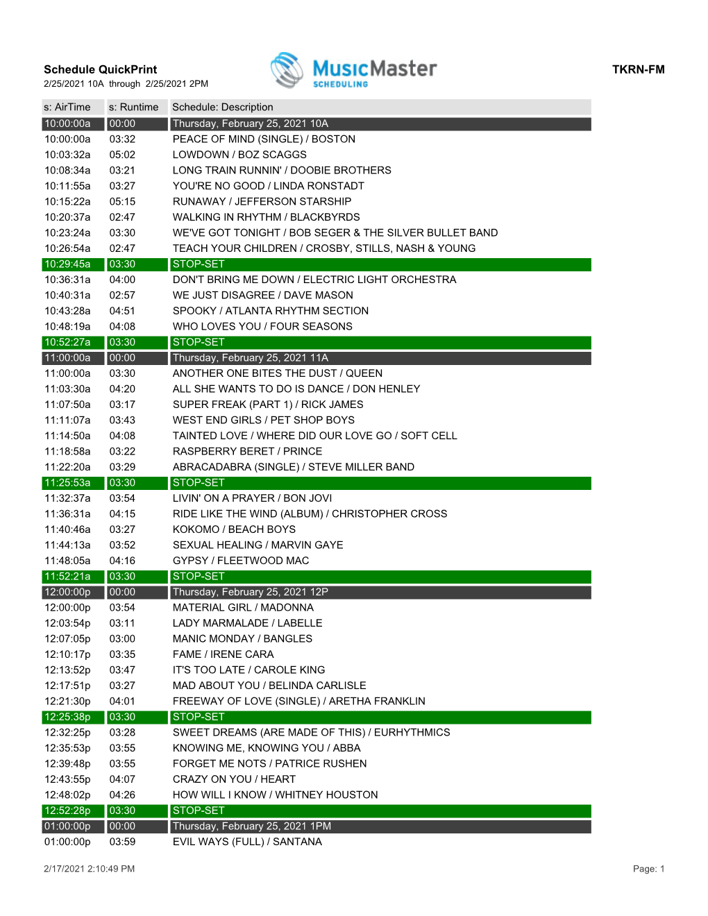 Schedule Quickprint TKRN-FM