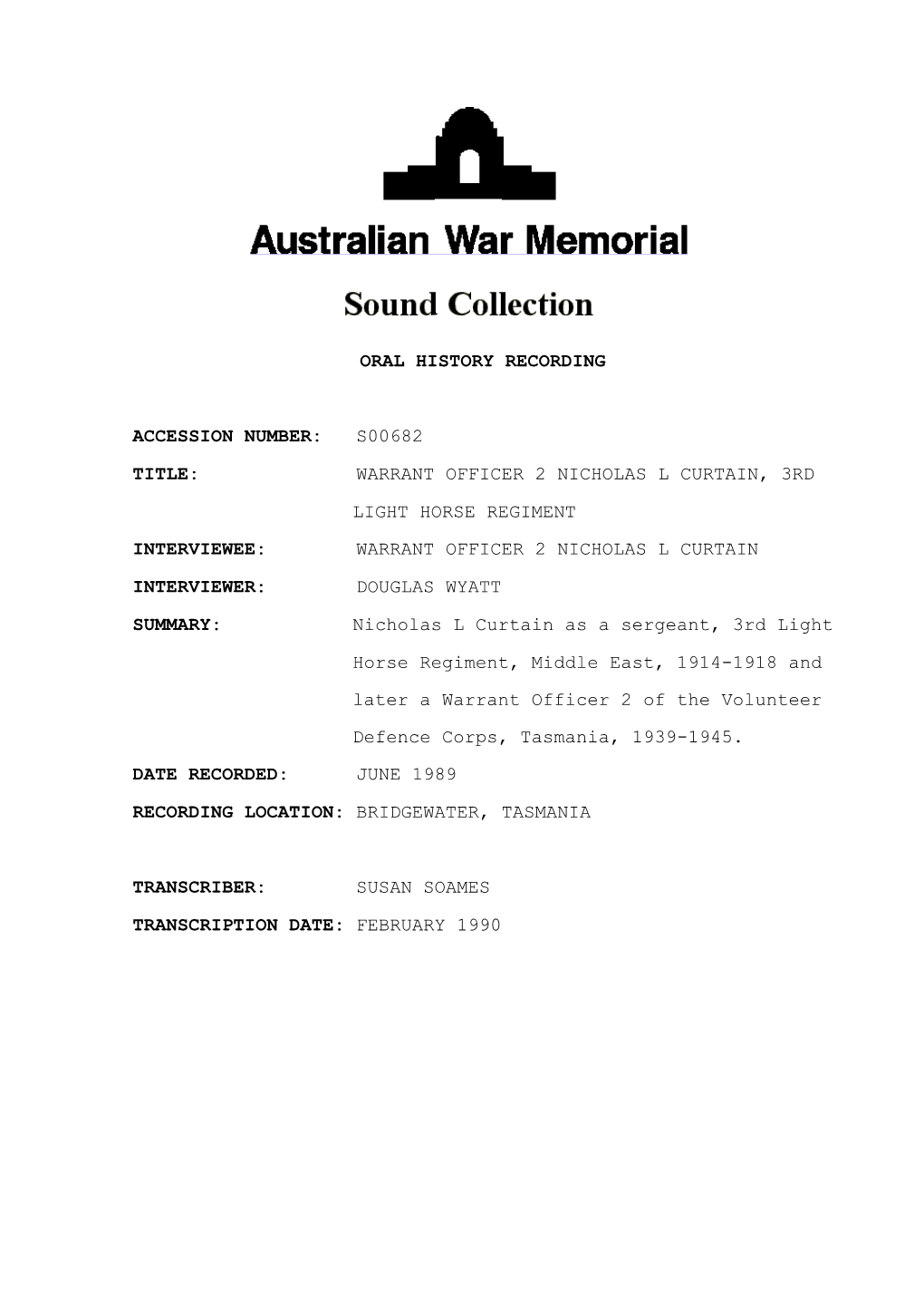 S00682 Title: Warrant Officer 2 Nicholas L