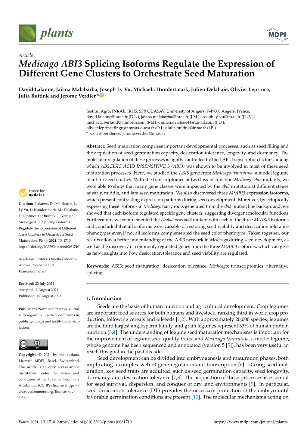 Medicago ABI3 Splicing Isoforms Regulate the Expression of Different Gene Clusters to Orchestrate Seed Maturation