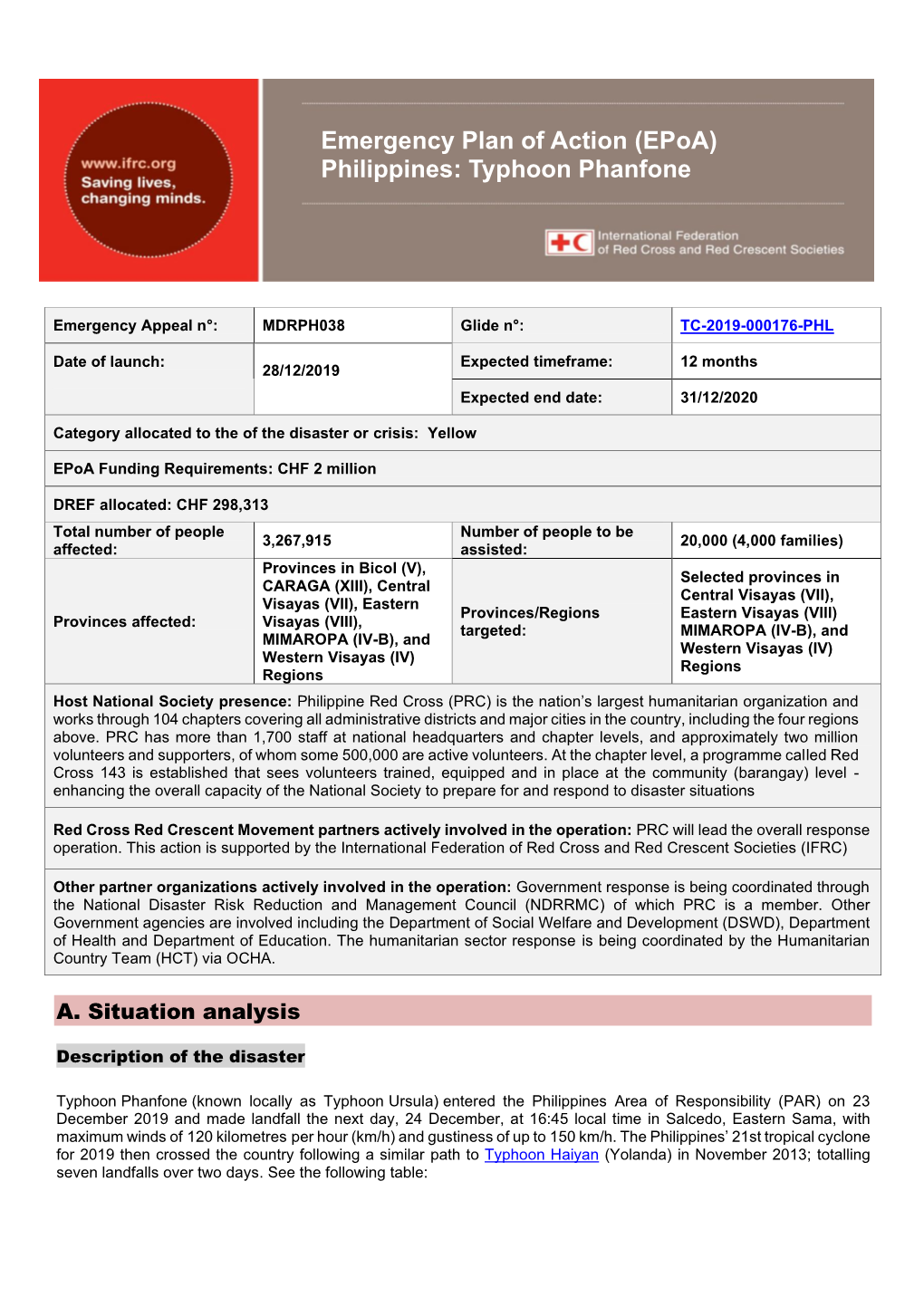 Emergency Plan of Action (Epoa) Philippines: Typhoon Phanfone