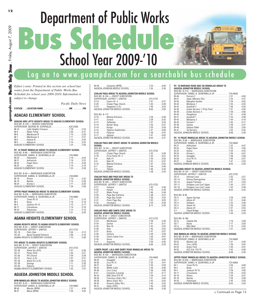 Department of Public Works School Year 2009-’10 16 SCHOOL Bus Schedule and CHALAN PAGO AREAS S Continued from Page 15 BUS NO