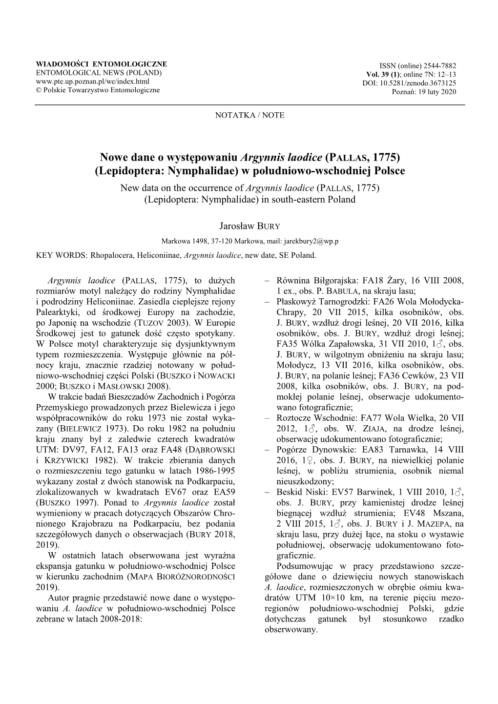 Nowe Dane O Występowaniu Argynnis Laodice (PALLAS, 1775