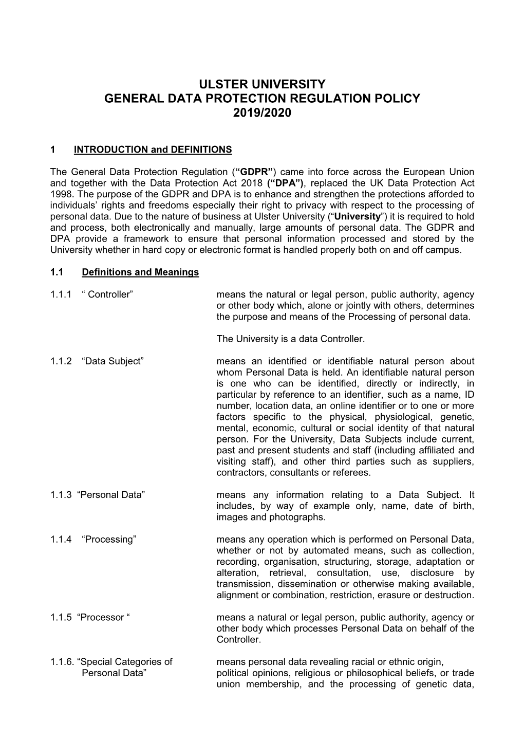 Universitys Data Protection Policy