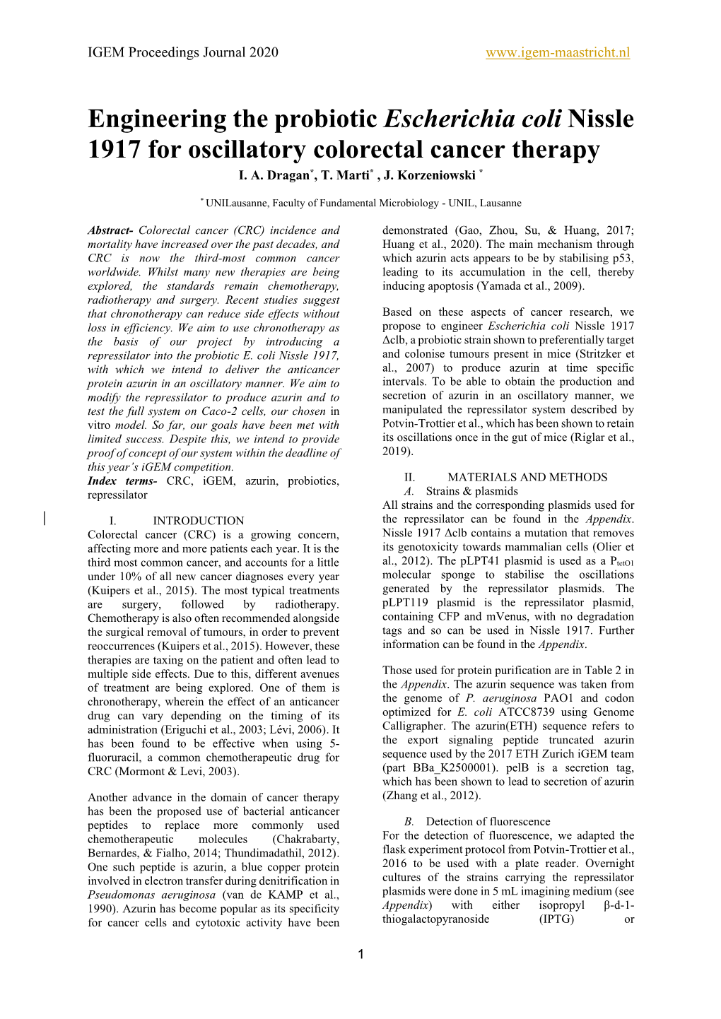 Engineering the Probiotic Escherichia Coli Nissle 1917 for Oscillatory Colorectal Cancer Therapy I