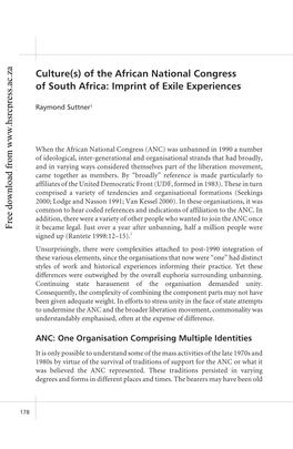 Culture(S) of the African National Congress of South Africa: Imprint of Exile Experiences Ress.Ac.Za Ress.Ac.Za P Raymond Suttner1