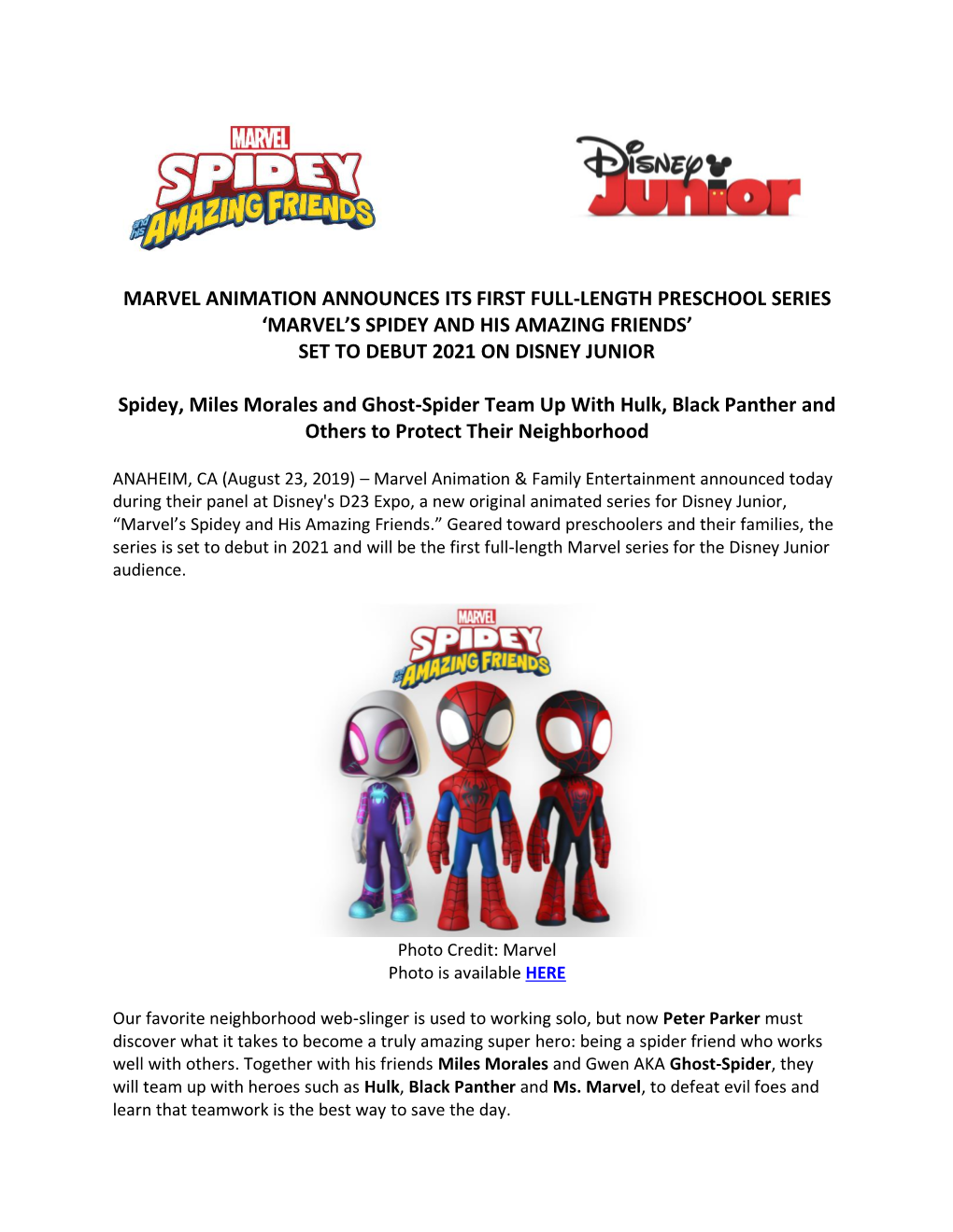 Marvel Animation Announces Its First Full-Length Preschool Series ‘Marvel’S Spidey and His Amazing Friends’ Set to Debut 2021 on Disney Junior