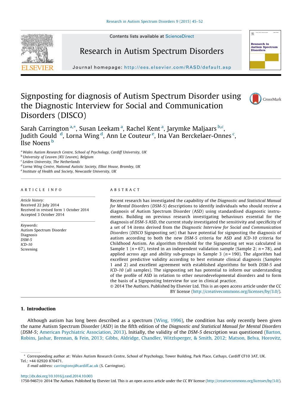 Signposting for Diagnosis of Autism Spectrum Disorder Using the Diagnostic Interview for Social and Communication Disorders (DISCO)