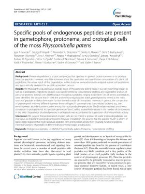 Specific Pools of Endogenous Peptides Are Present in Gametophore, Protonema, and Protoplast Cells of the Moss Physcomitrella