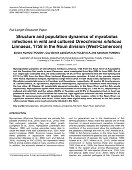 Structure and Population Dynamics of Myxobolus Infections in Wild and Cultured Oreochromis Niloticus Linnaeus, 1758 in the Noun Division (West-Cameroon)