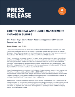 Liberty Global Announces Management Change in Europe