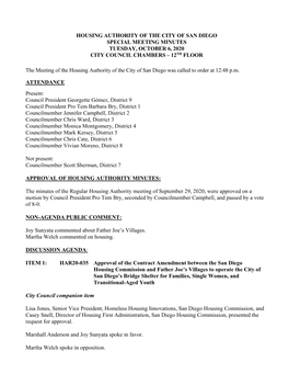 Housing Authority of the City of San Diego Special Meeting Minutes Tuesday, October 6, 2020 City Council Chambers – 12Th Floor