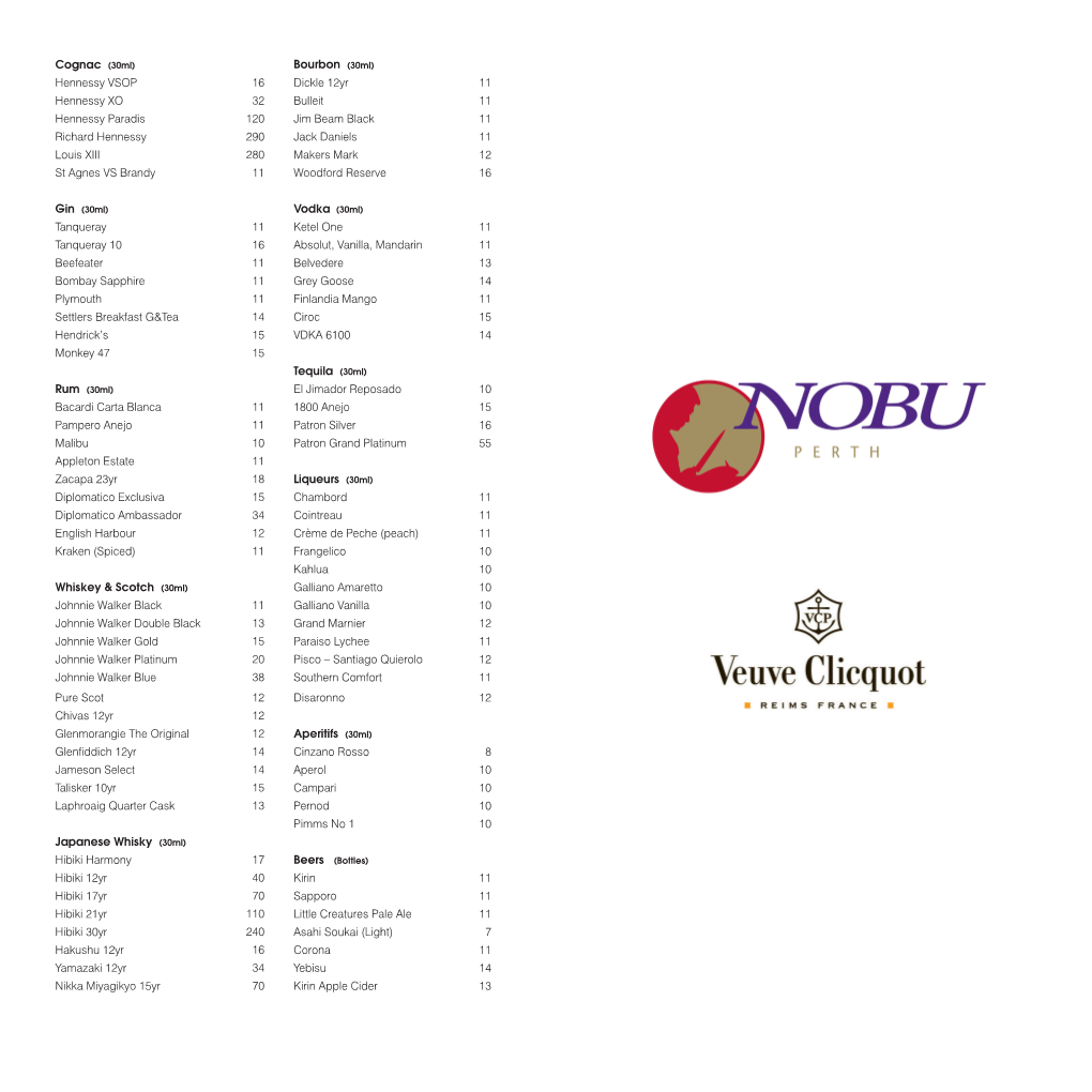 Perth Restaurants Nobu Wine Menu