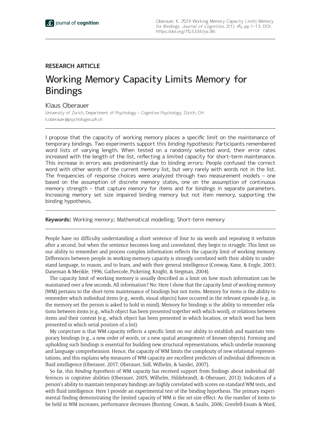Working Memory Capacity Limits Memory for Bindings