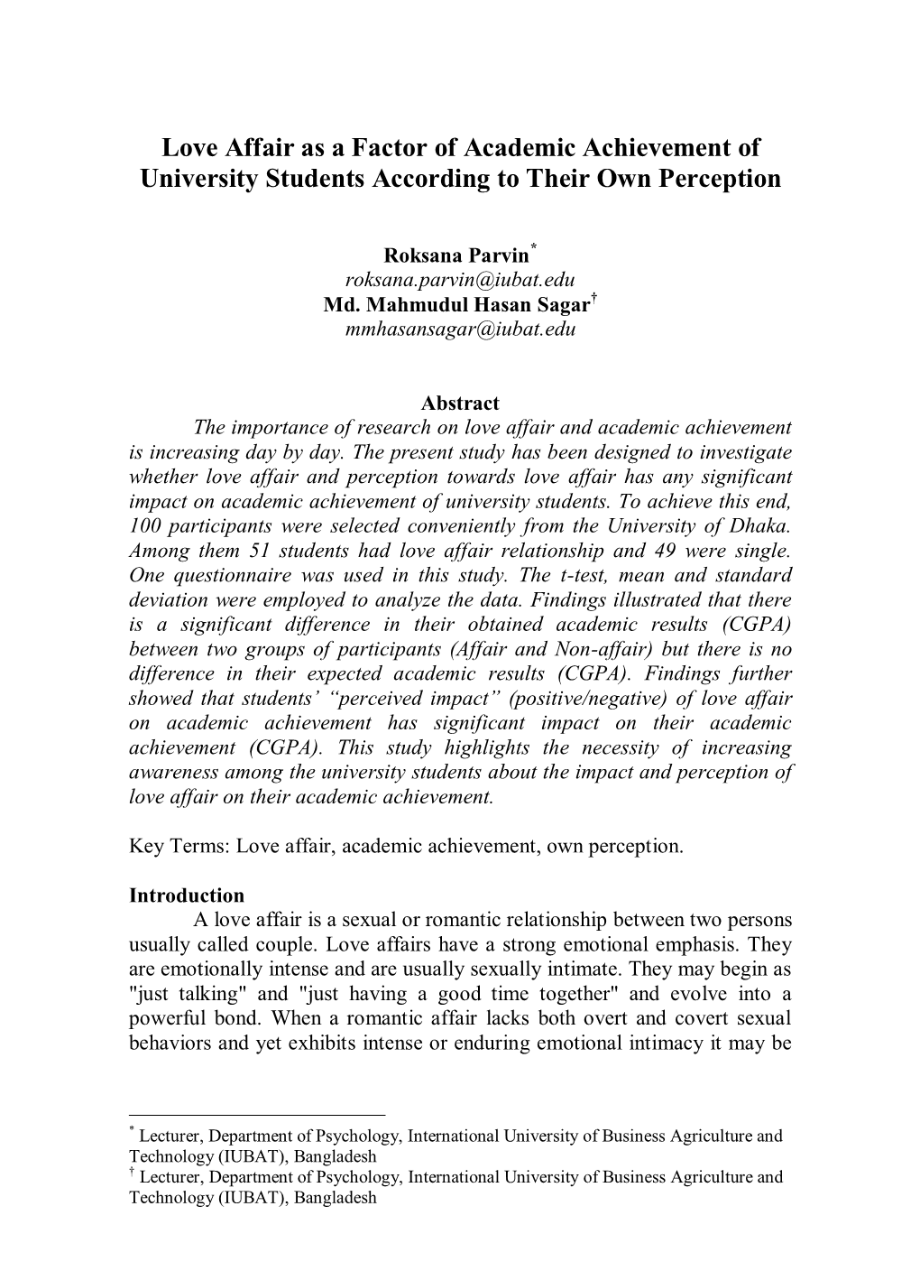 Love Affair As a Factor of Academic Achievement of University Students According to Their Own Perception