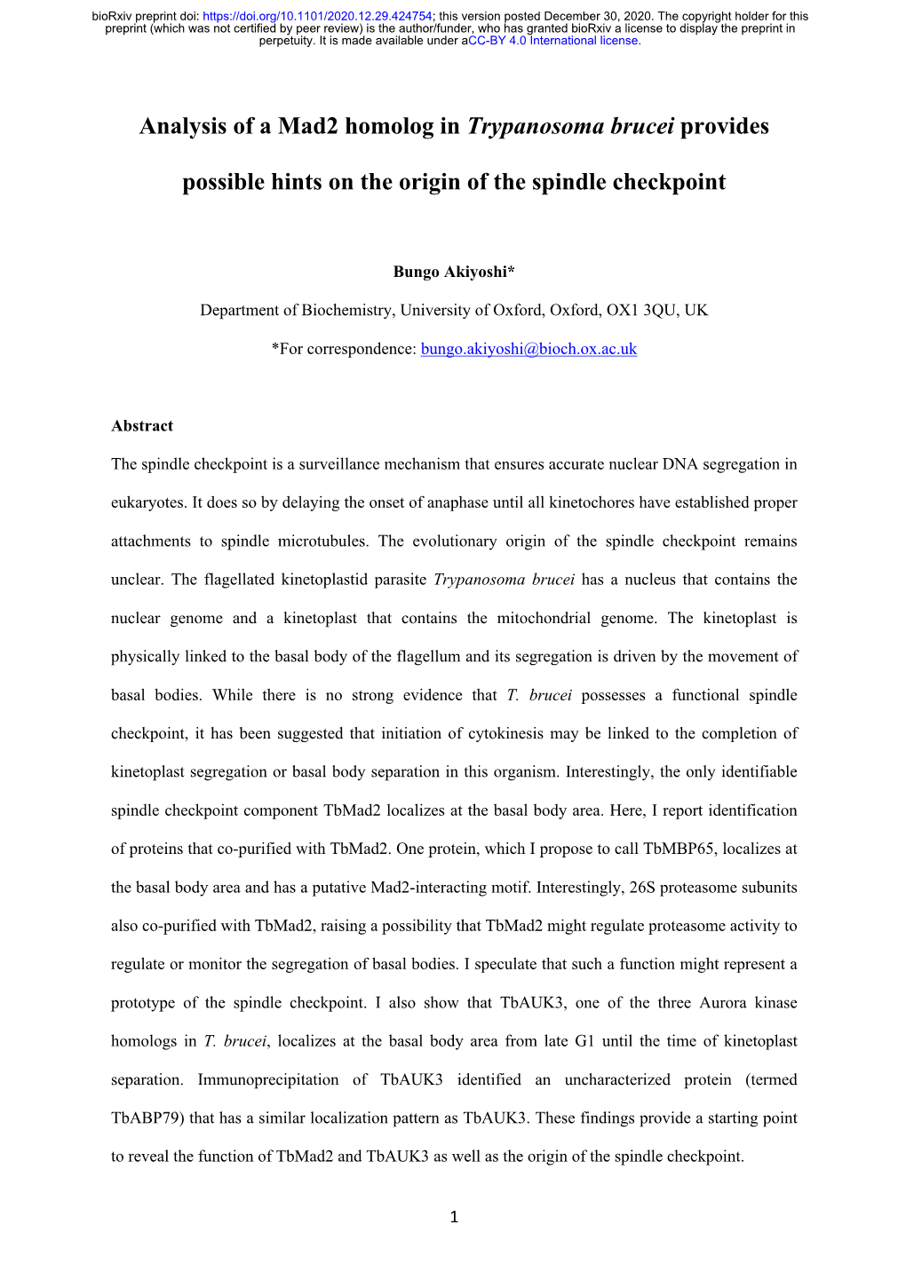 Analysis of a Mad2 Homolog in Trypanosoma Brucei Provides