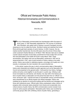 Official and Vernacular Public History: Historical Anniversaries and Commemorations in Newcastle, NSW