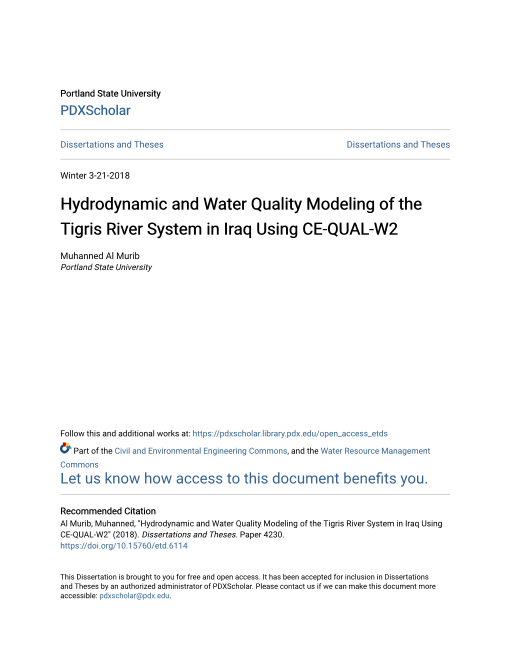 Hydrodynamic and Water Quality Modeling of the Tigris River System in Iraq Using CE-QUAL-W2