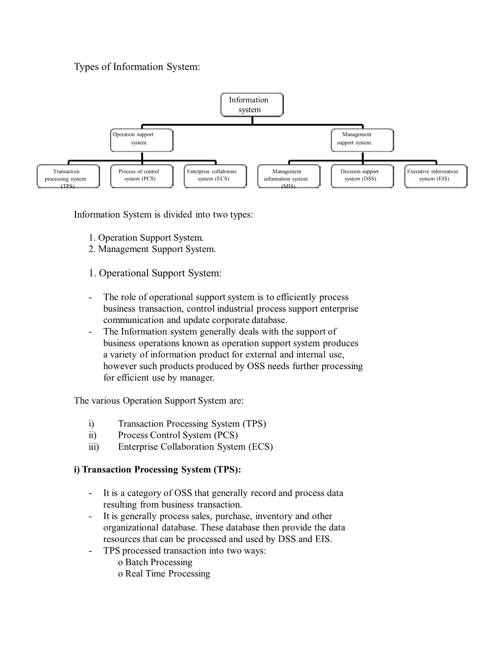 Types of Information System: 1. Operational Support System