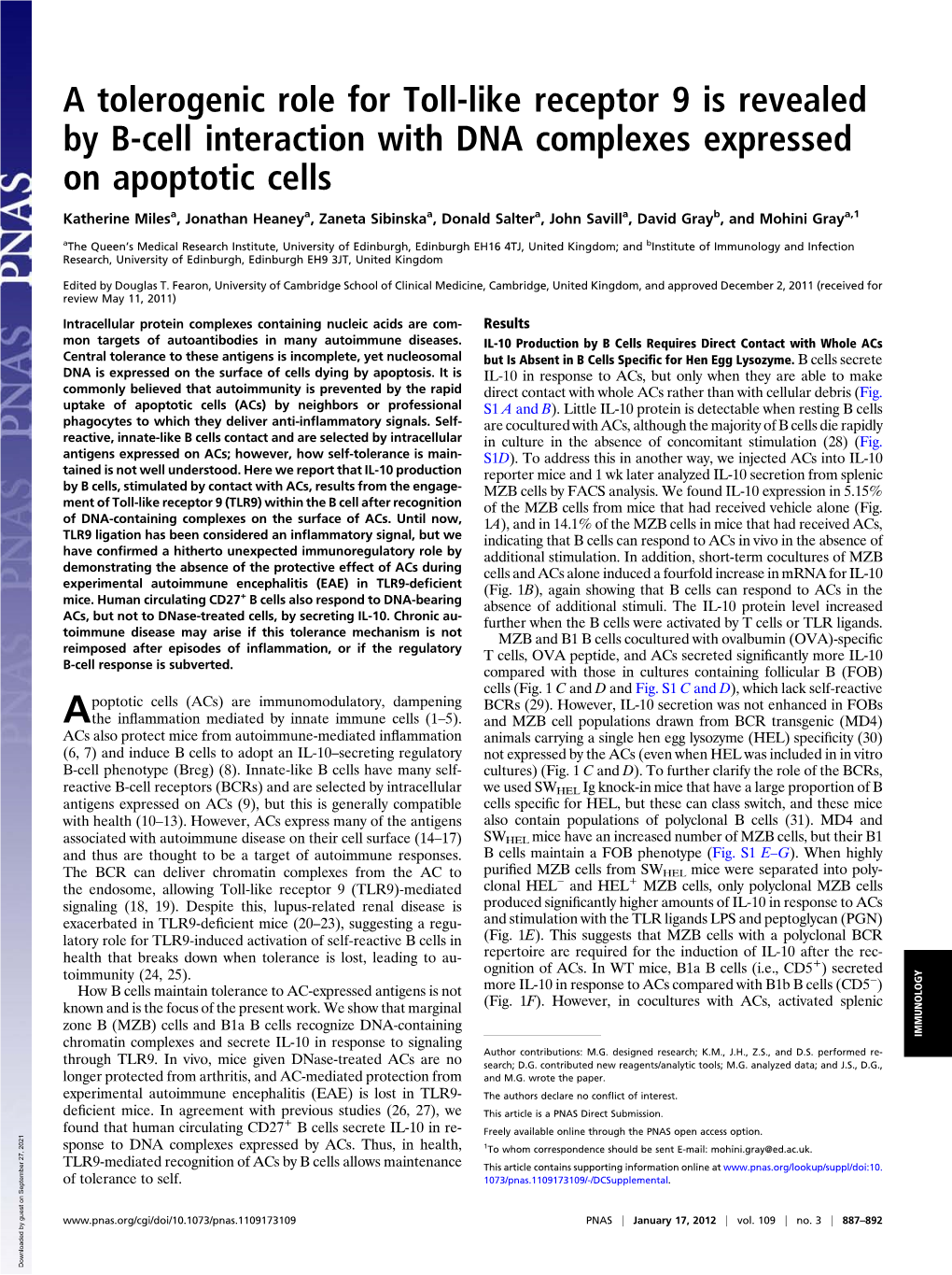 A Tolerogenic Role for Toll-Like Receptor 9 Is Revealed by B-Cell Interaction with DNA Complexes Expressed on Apoptotic Cells