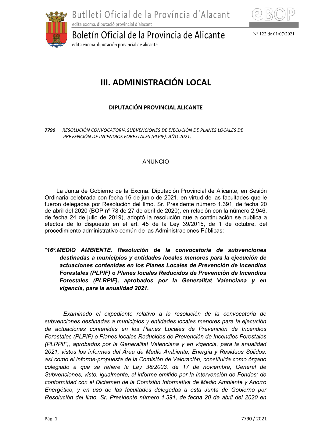 Butlletí Oficial De La Província D´Alacant Edita Excma