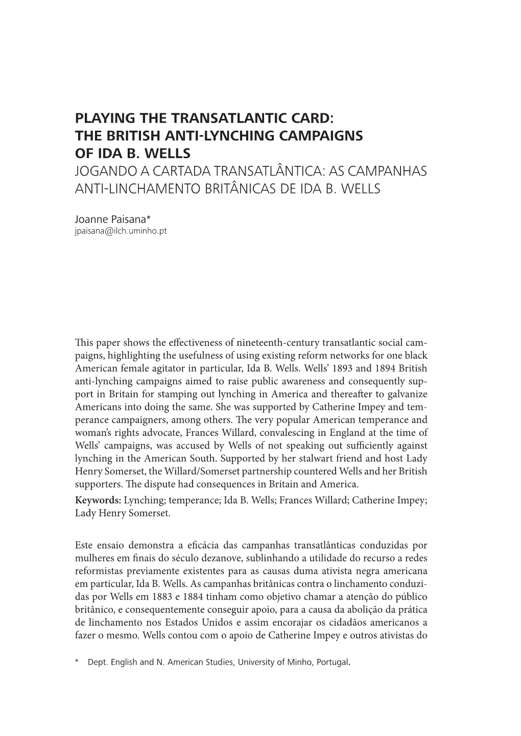 The British Anti-Lynching Campaigns of Ida B. Wells 187