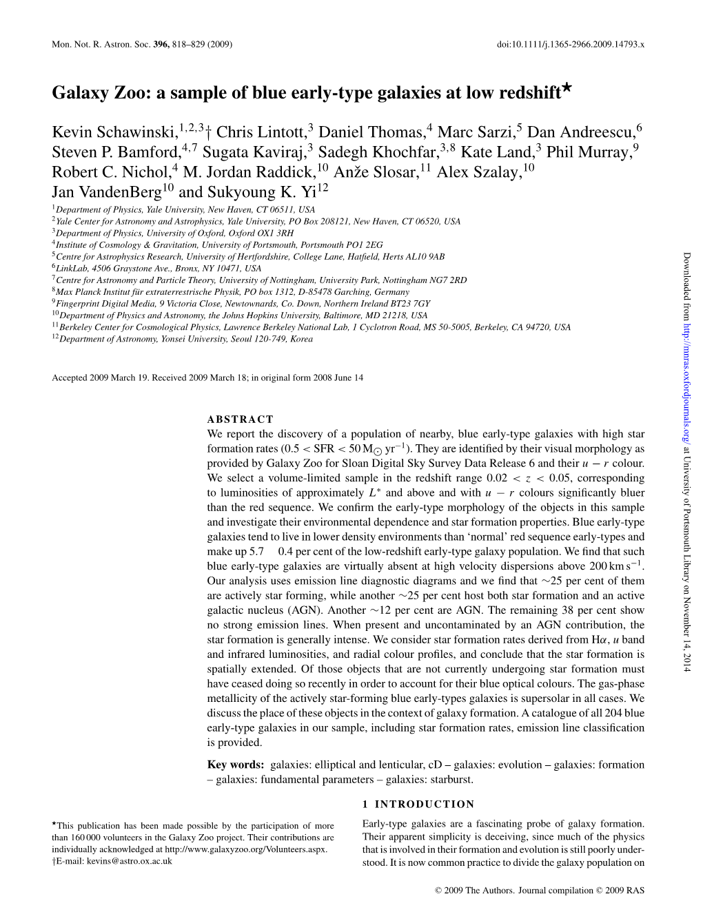 Galaxy Zoo: a Sample of Blue Early-Type Galaxies at Low Redshift