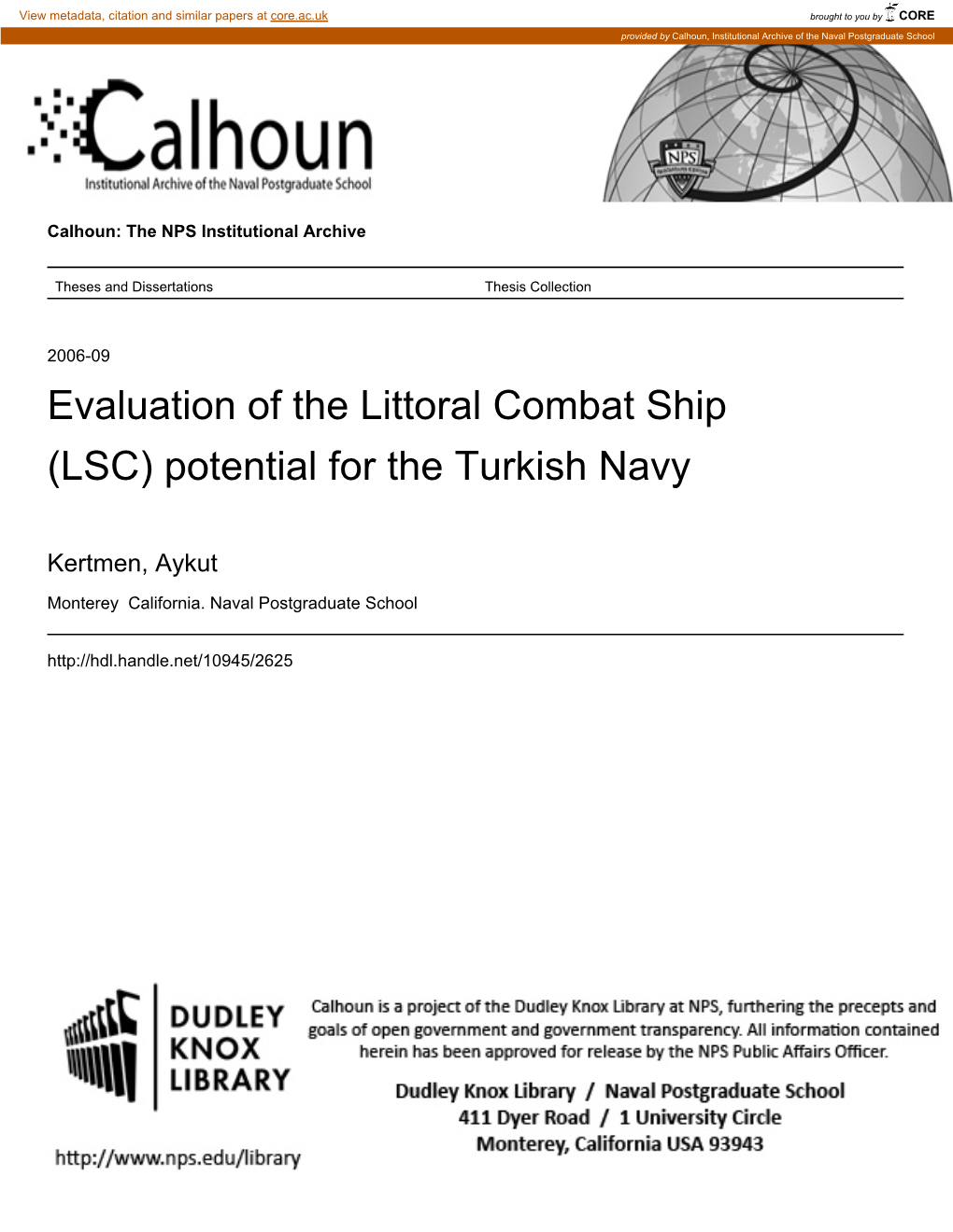 Evaluation of the Littoral Combat Ship (LSC) Potential for the Turkish Navy