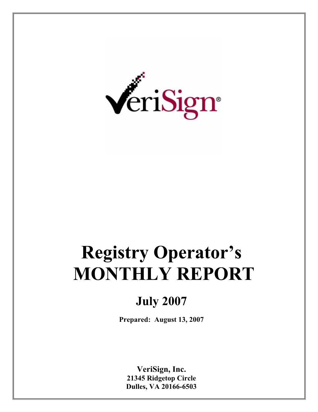 Verisign, Inc. Registry Sensitive Information