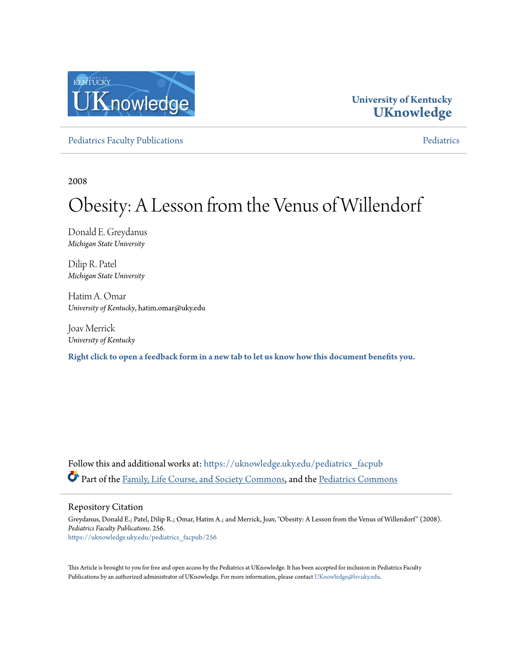 Obesity: a Lesson from the Venus of Willendorf Donald E