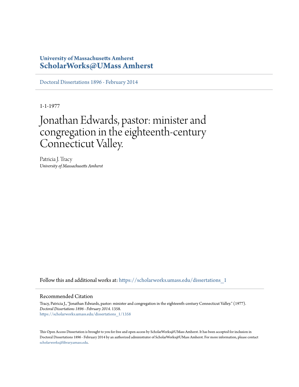 Jonathan Edwards, Pastor: Minister and Congregation in the Eighteenth-Century Connecticut Valley. Patricia J