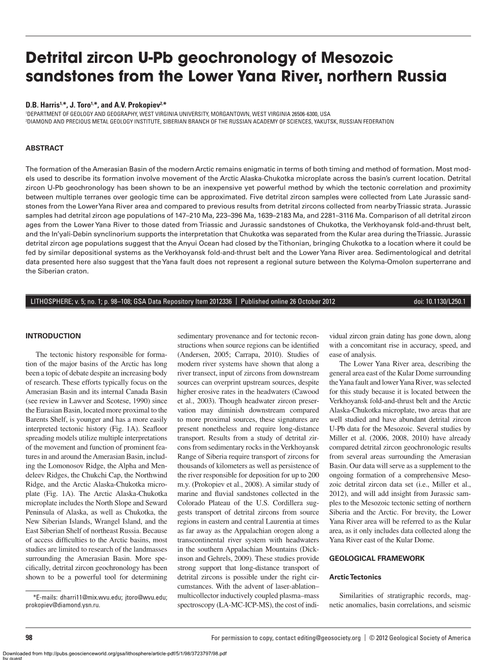 Detrital Zircon U-Pb Geochronology of Mesozoic Sandstones from the Lower Yana River, Northern Russia