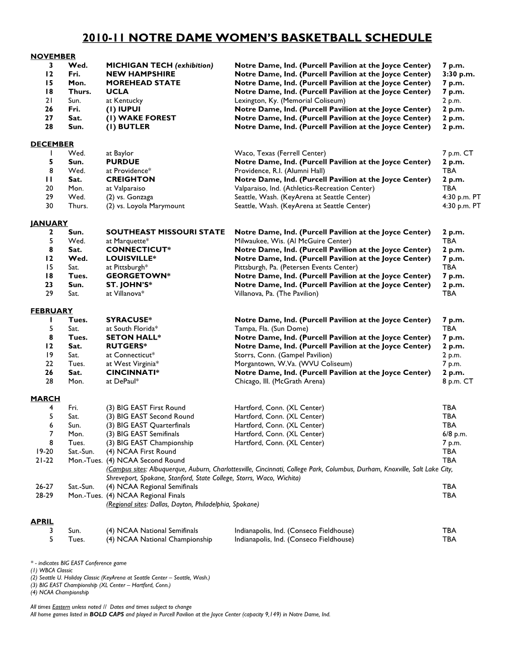 10-11 WBB Schedule