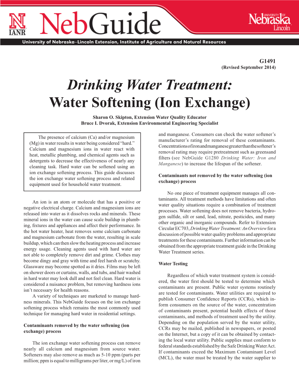 Drinking Water Treatment: Water Softening (Ion Exchange) Sharon O