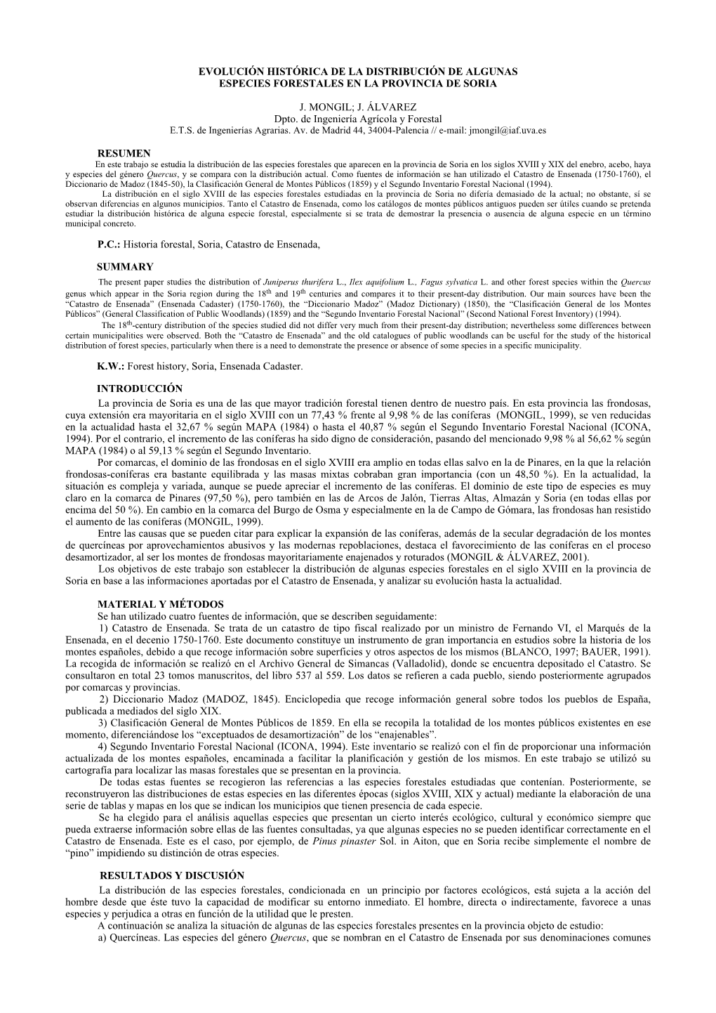 J. ÁLVAREZ Dpto. De Ingeniería Agrícola Y Forestal E.T.S