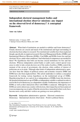 Independent Electoral Management Bodies and International Election Observer Missions: Any Impact on the Observed Level of Democracy? a Conceptual Framework