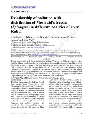 Relationship of Pollution with Distribution of Mermaid's Tresses (Spirogyra) in Different Localities of River Kabul
