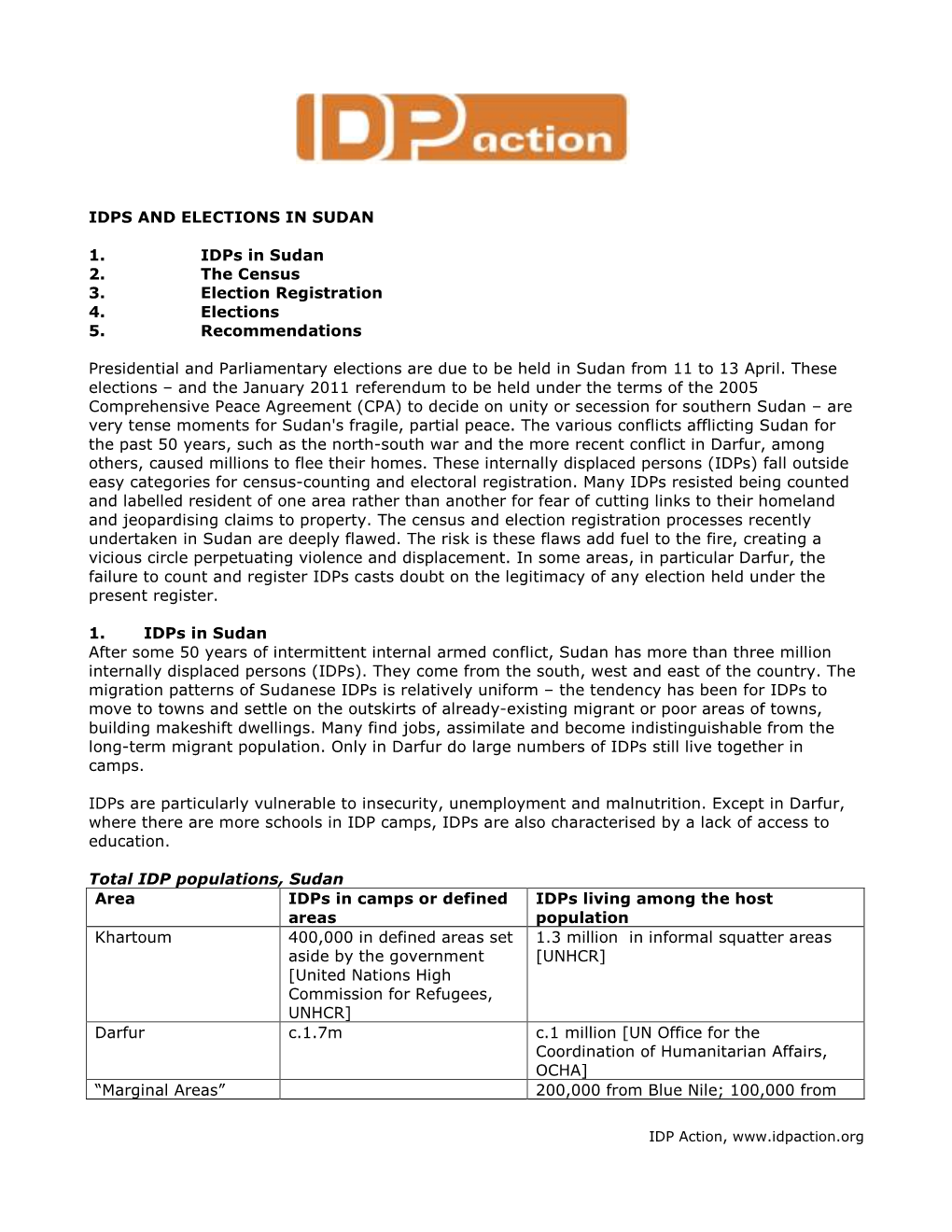 IDPS and ELECTIONS in SUDAN 1. Idps in Sudan 2. the Census 3