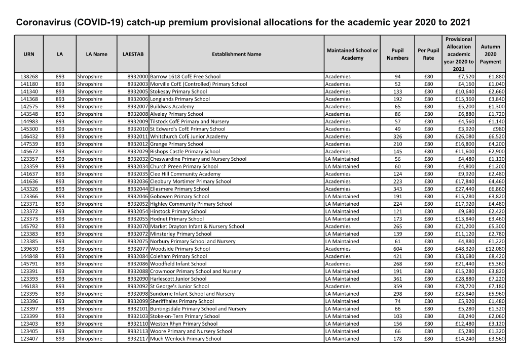 Catch-Up Premium Provisional Allocations for the Academic Year 2020 to 2021