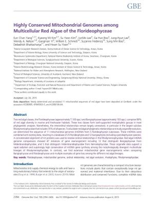 Highly Conserved Mitochondrial Genomes Among Multicellular Red Algae of the Florideophyceae